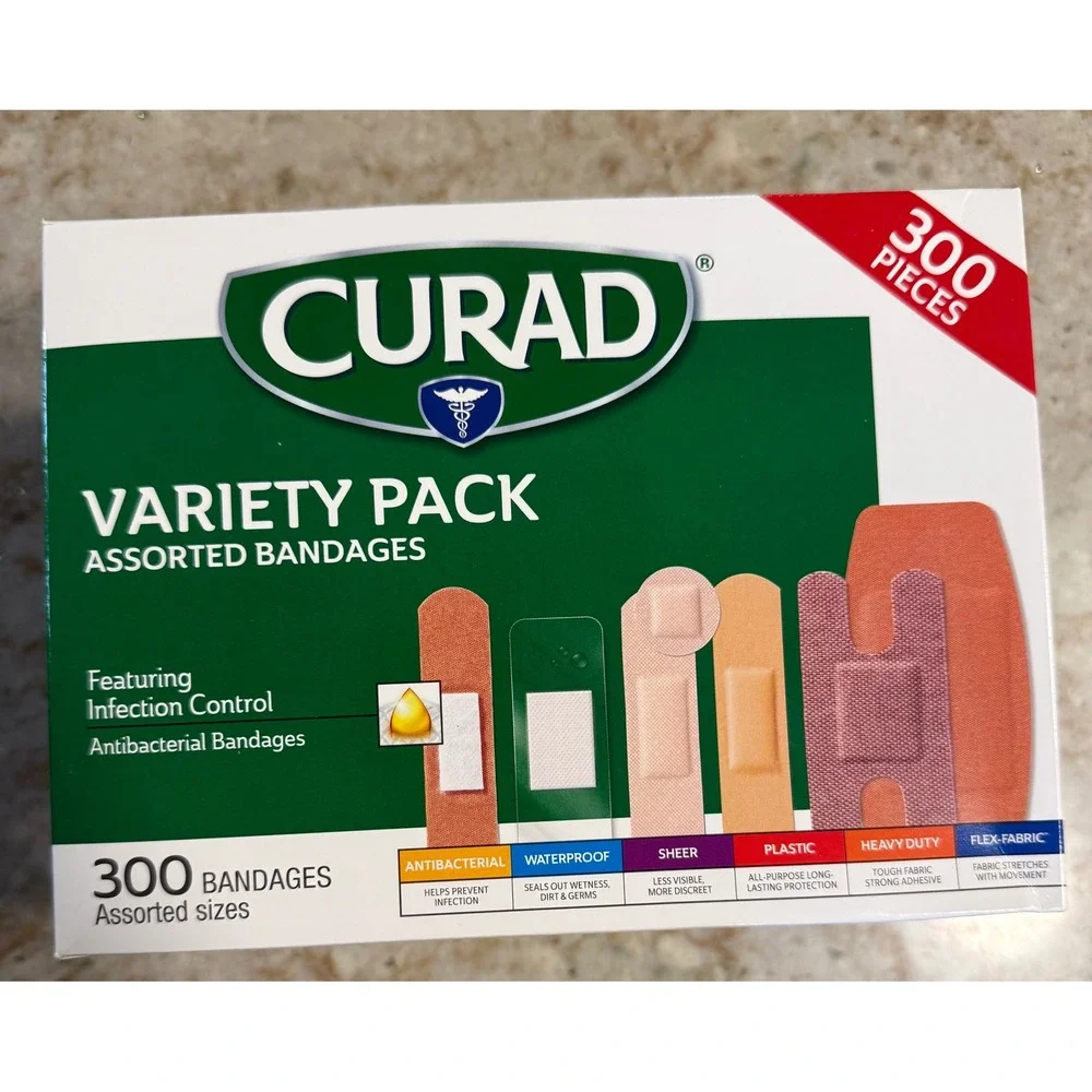 Curad Variety Pack Assorted Bandages 300 Count Antibacterial Waterproof Fabric